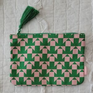 Cosmetics Bag Green and Pink Geometric Print With Green Tassel Zipper Pull NEW